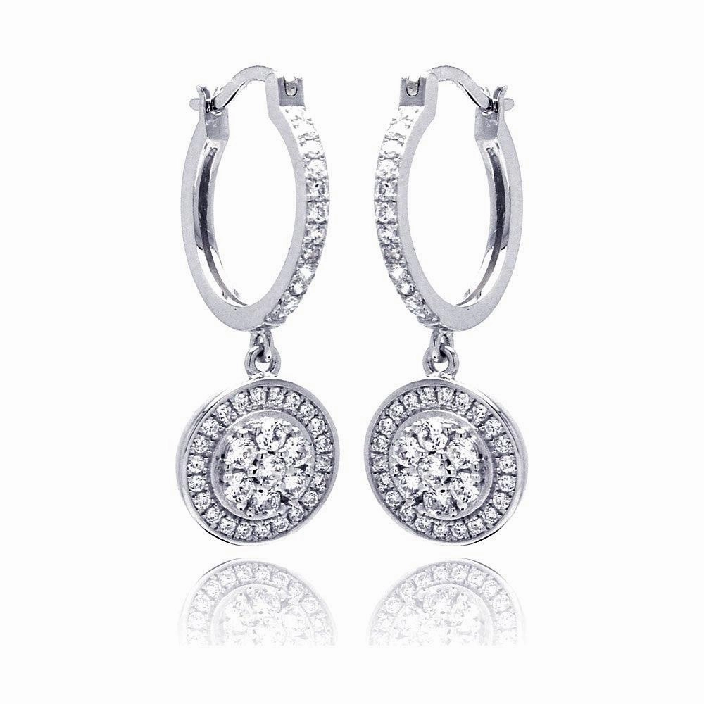 Silver 925 Rhodium Plated Micro Pave Clear Round CZ Wire Dangling huggie hoop Earrings - ACE00059