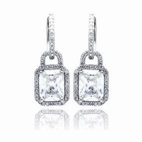 Silver 925 Rhodium Plated Micro Pave Clear Square CZ Dangling huggie hoop Earrings - ACE00031