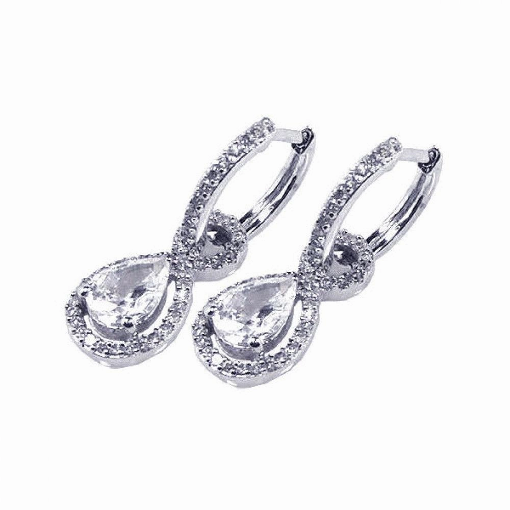 Silver 925 Rhodium Plated Micro Pave Clear Teardrop CZ Dangling huggie hoop Earrings - ACE00030