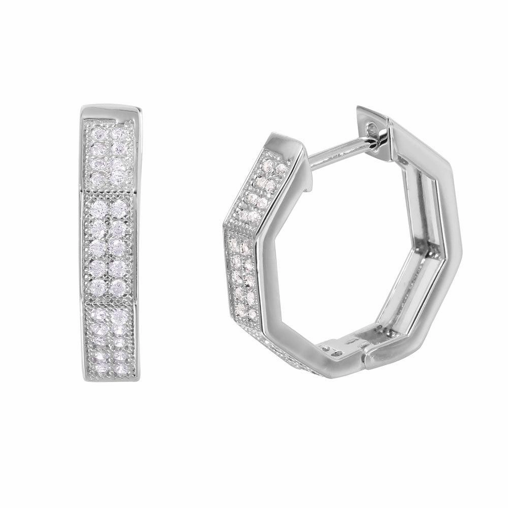 Silver 925 Rhodium Plated Octagon CZ huggie hoop Earrings - GME00031