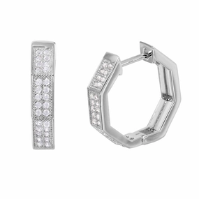 Silver 925 Rhodium Plated Octagon CZ huggie hoop Earrings - GME00031