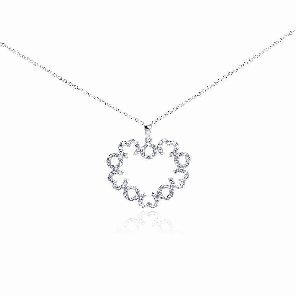 Silver 925 Rhodium Plated Open Big Heart Small Heart CZ Necklace - BGP00288