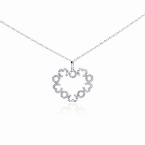 Silver 925 Rhodium Plated Open Big Heart Small Heart CZ Necklace - BGP00288