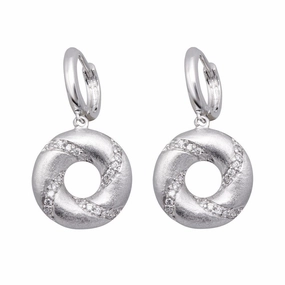 Silver 925 Rhodium Plated Open Circle Stripped CZ Dangling huggie hoop Earrings - BGE00136