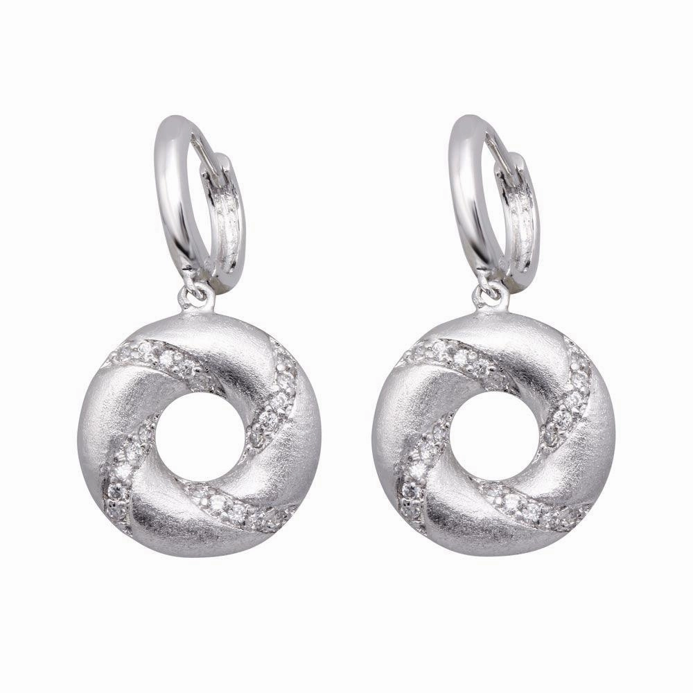 Silver 925 Rhodium Plated Open Circle Stripped CZ Dangling huggie hoop Earrings - BGE00136