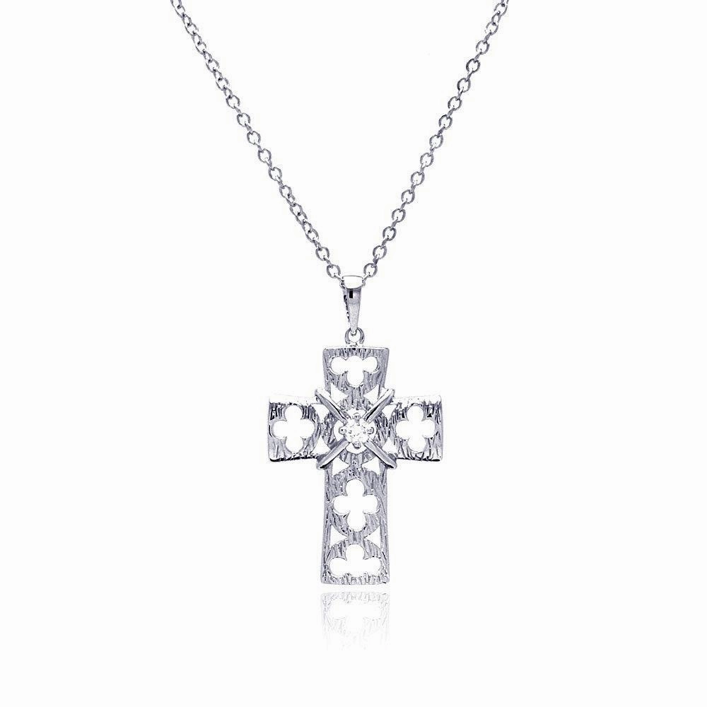 Silver 925 Rhodium Plated Open Clover Leaf Cross CZ Necklace - BGP00429
