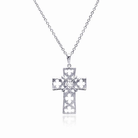 Silver 925 Rhodium Plated Open Clover Leaf Cross CZ Necklace - BGP00429