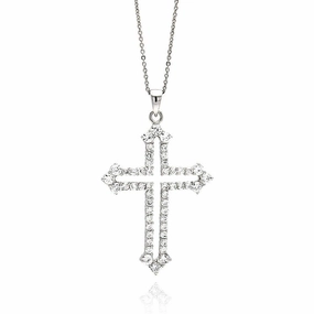 Silver 925 Rhodium Plated Open Cross CZ Necklace - BGP00563