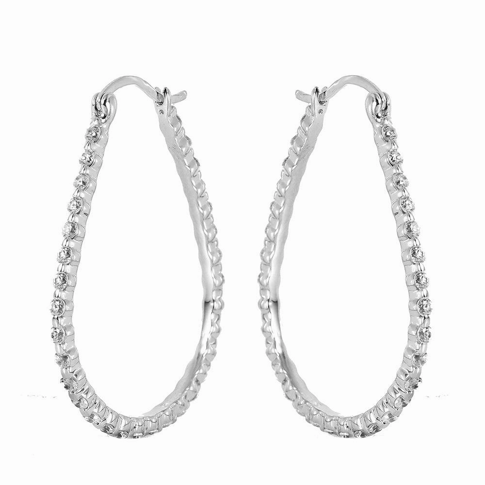 Silver 925 Rhodium Plated Open Drop Hoop Earrings - STE00308