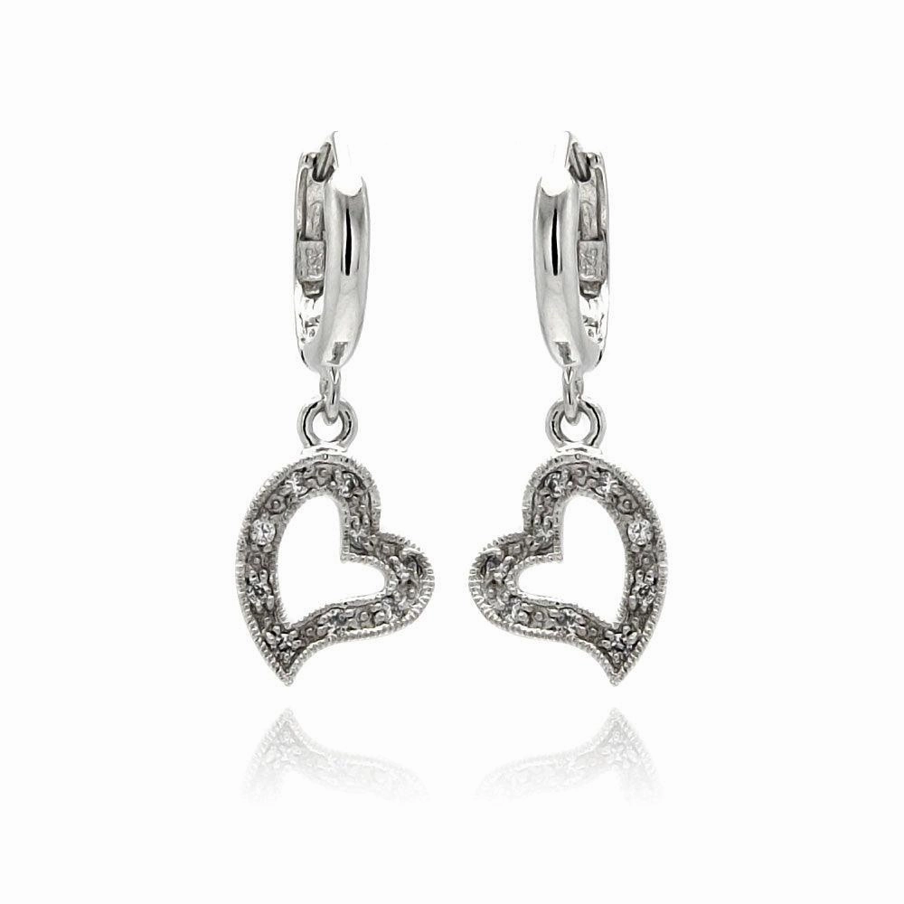Silver 925 Rhodium Plated Open Heart Clear CZ Dangling huggie hoop Earrings - BGE00064
