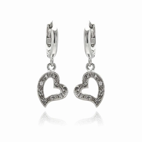 Silver 925 Rhodium Plated Open Heart Clear CZ Dangling huggie hoop Earrings - BGE00064