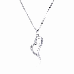 Silver 925 Rhodium Plated Open Heart CZ Dangling Necklace - BGP00275