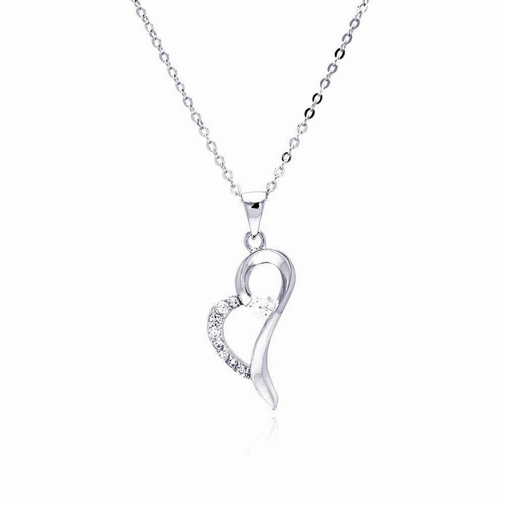 Silver 925 Rhodium Plated Open Heart CZ Dangling Necklace - BGP00275