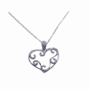 Silver 925 Rhodium Plated Open Heart Filigree CZ Necklace - BGP00255