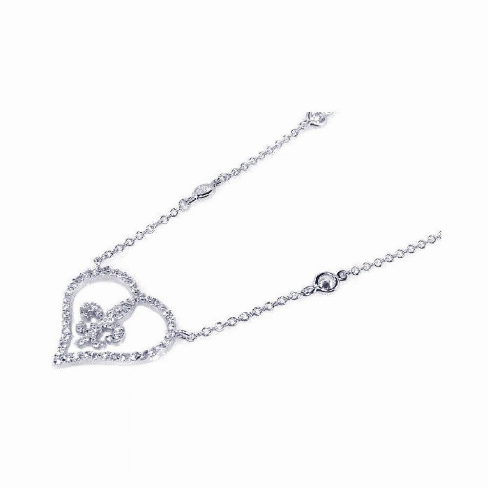 Silver 925 Rhodium Plated Open Heart Fleur De Lis Center Clear CZ Pendant Necklace - BGN00012