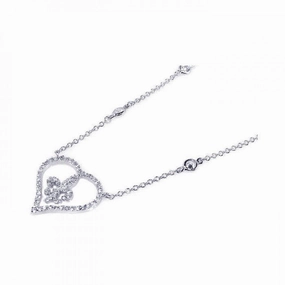Silver 925 Rhodium Plated Open Heart Fleur De Lis Center Clear CZ Pendant Necklace - BGN00012