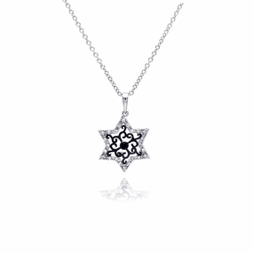 Silver 925 Rhodium Plated Open Star Black Filigree CZ Necklace - BGP00373