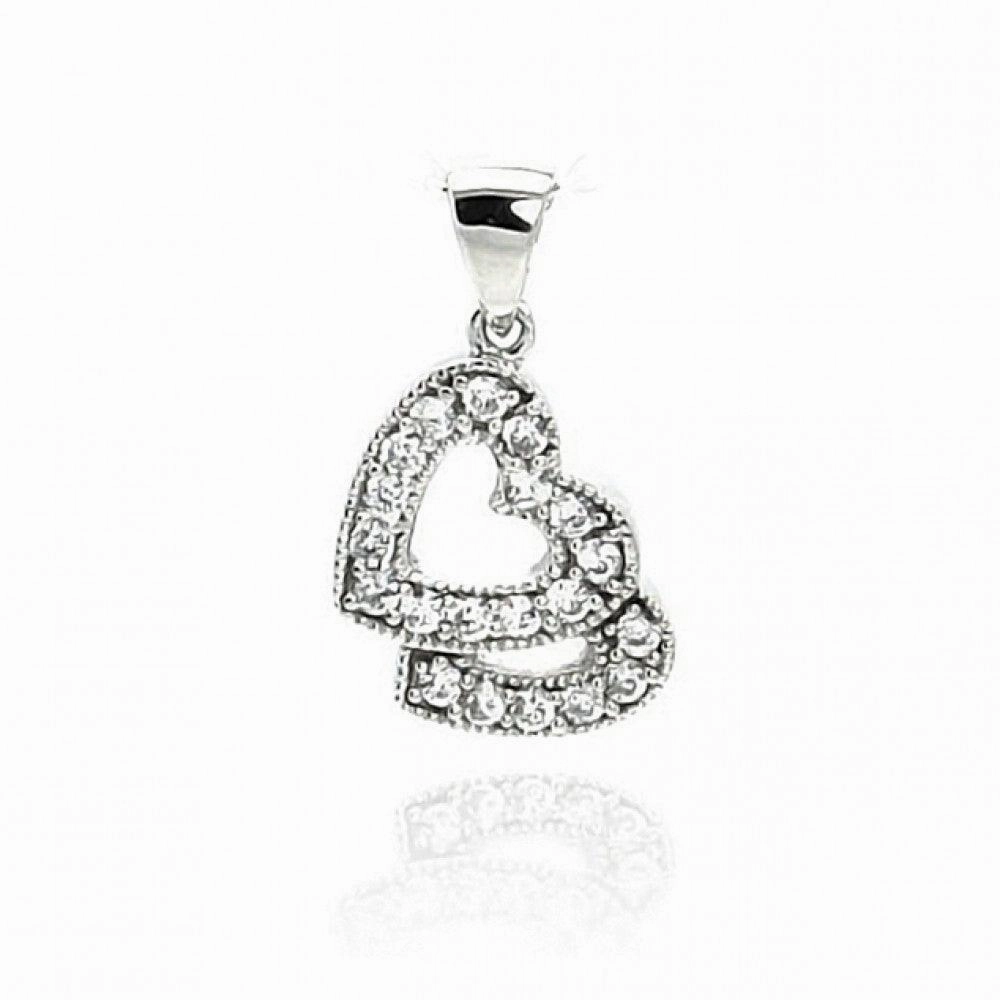 Silver 925 Rhodium Plated Open Two Heart CZ Dangling Pendant - ACP00009
