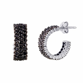Silver 925 Rhodium Plated Pave Black CZ huggie hoop Earrings - STE00516BLK