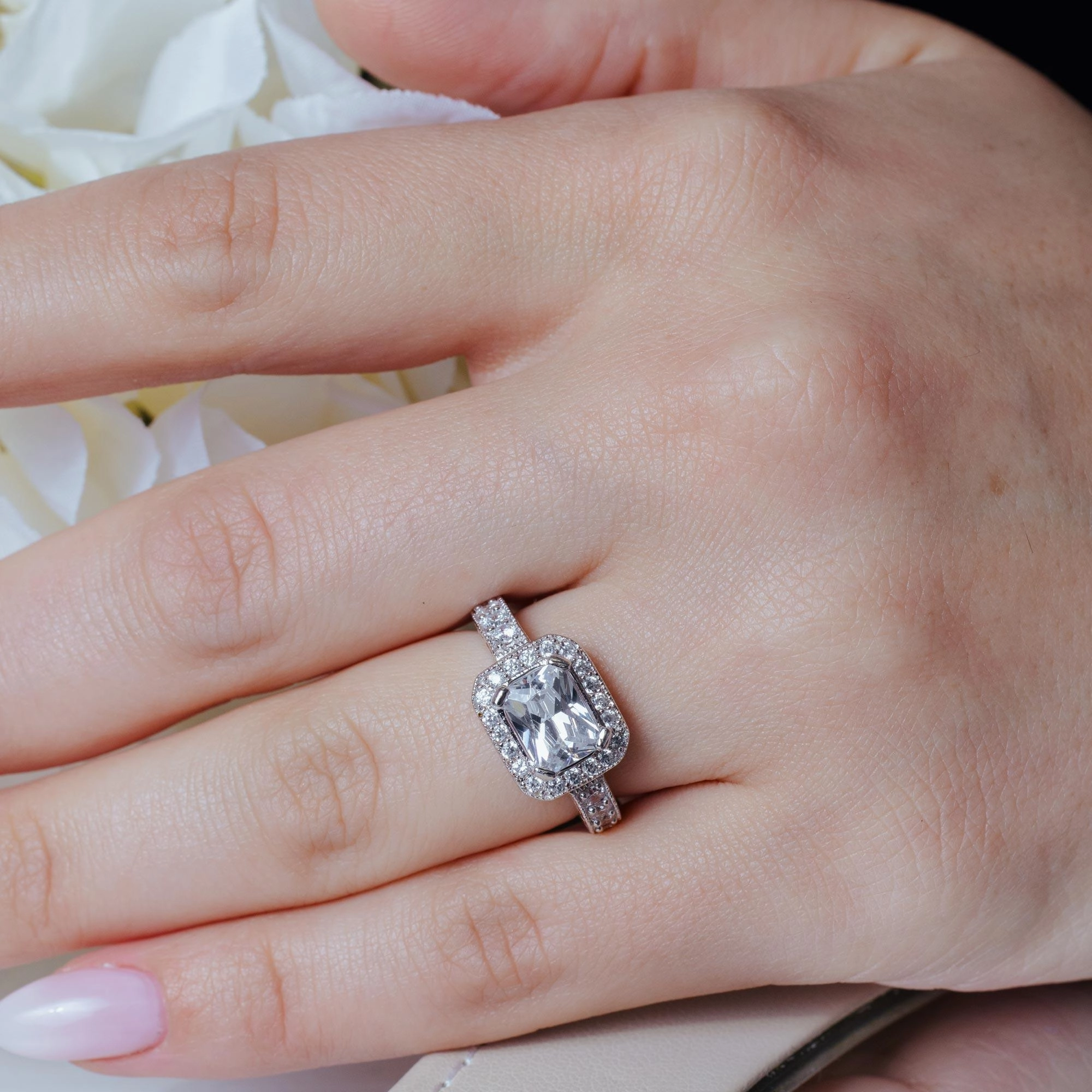 Silver 925 Rhodium Plated Pave Clear Cluster CZ Square Ring - ACR00002