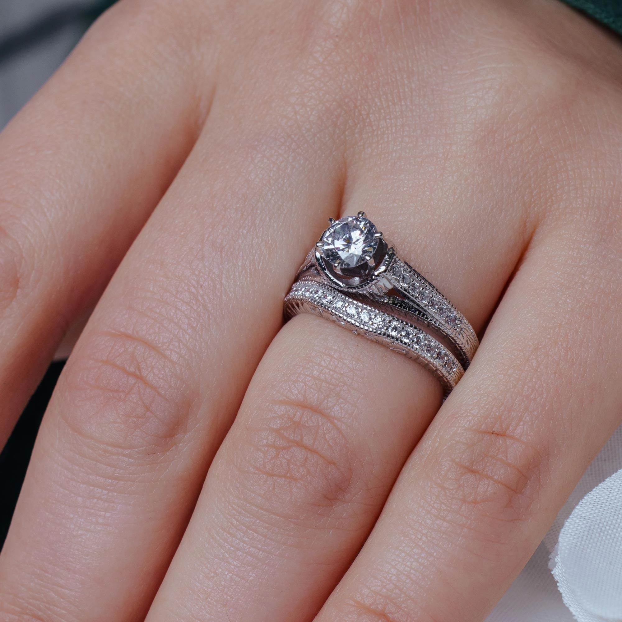 Silver 925 Rhodium Plated Pave Clear Round CZ Engagement Ring Set - ACR00021