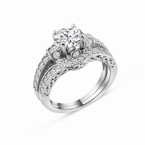 Silver 925 Rhodium Plated Pave Round Center Clear CZ Engagement Ring Set - ACR00024