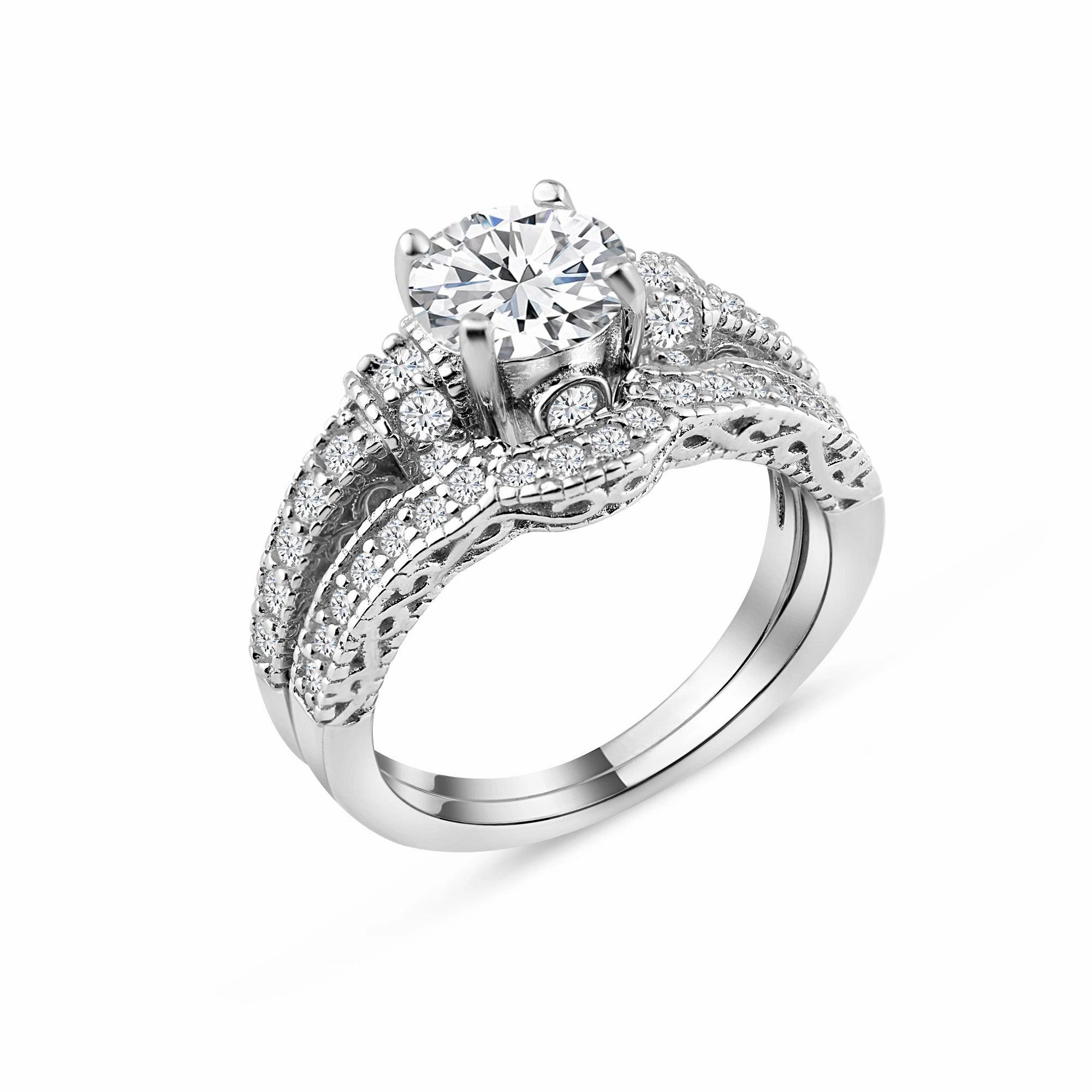 Silver 925 Rhodium Plated Pave Round Center Clear CZ Engagement Ring Set - ACR00024
