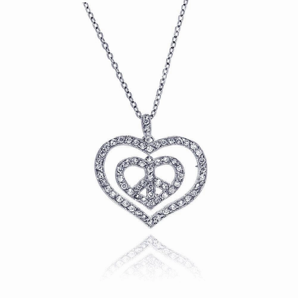 Silver 925 Rhodium Plated Peace Double Heart Pendant Necklace with CZ - BGP00027