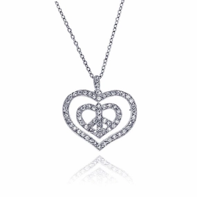 Silver 925 Rhodium Plated Peace Double Heart Pendant Necklace with CZ - BGP00027