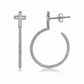 Silver 925 Rhodium Plated Rope Designed Semi Hoop Earrings on a CZ Cross - STE01059