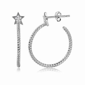 Silver 925 Rhodium Plated Rope Designed Semi Hoop Earrings on a CZ Star - STE01058