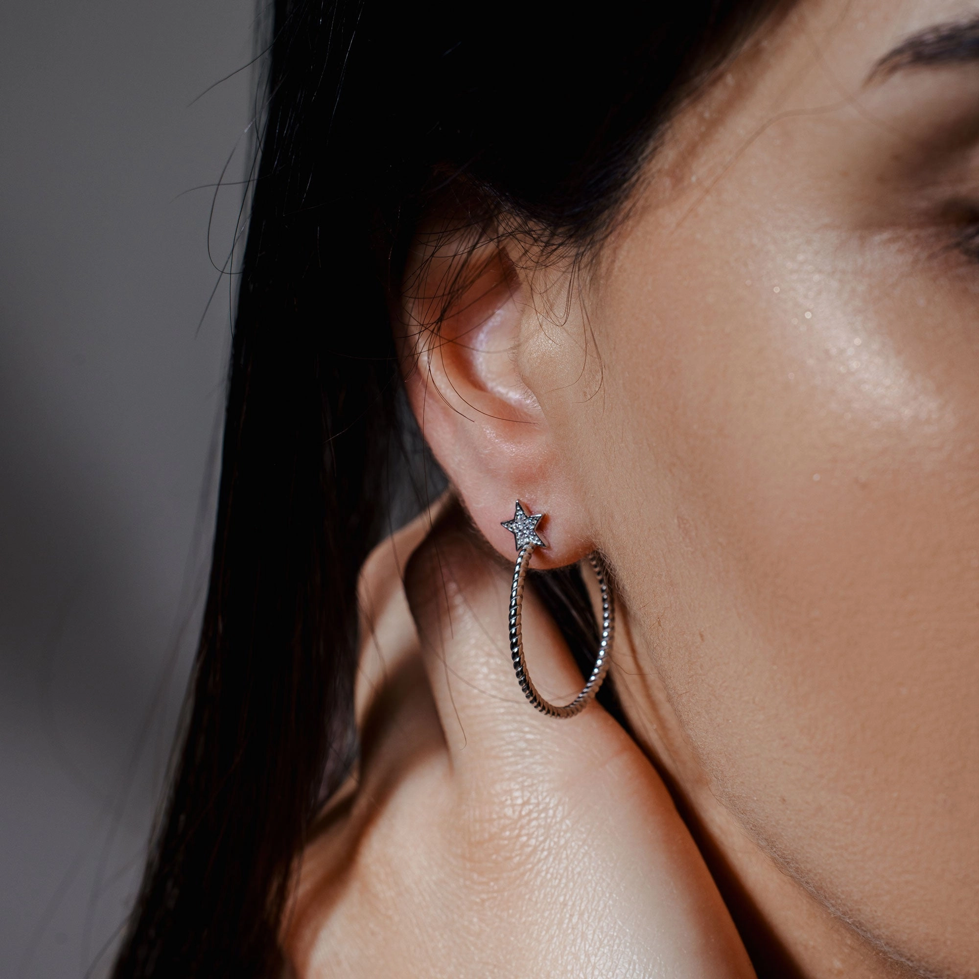 Silver 925 Rhodium Plated Rope Designed Semi Hoop Earrings on a CZ Star - STE01058