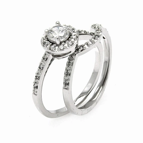 Silver 925 Rhodium Plated Round Center Clear CZ Bridal Ring Set - BGR00454
