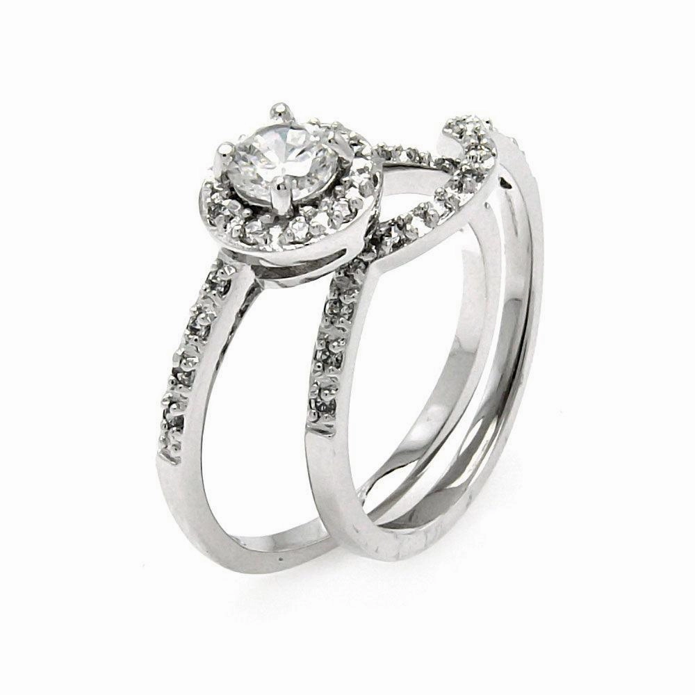 Silver 925 Rhodium Plated Round Center Clear CZ Bridal Ring Set - BGR00454