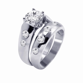 Silver 925 Rhodium Plated Round Clear CZ Engagement Ring Set - AAR0077