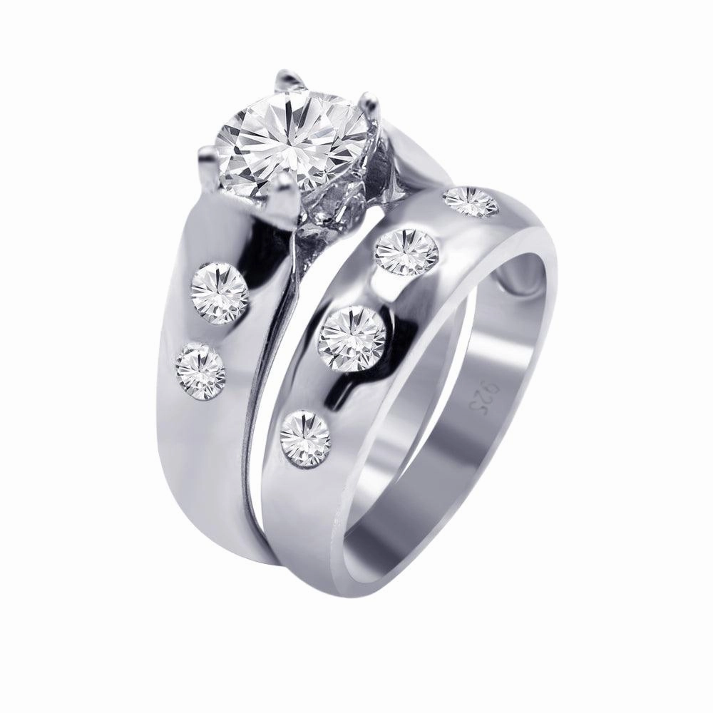 Silver 925 Rhodium Plated Round Clear CZ Engagement Ring Set - AAR0077