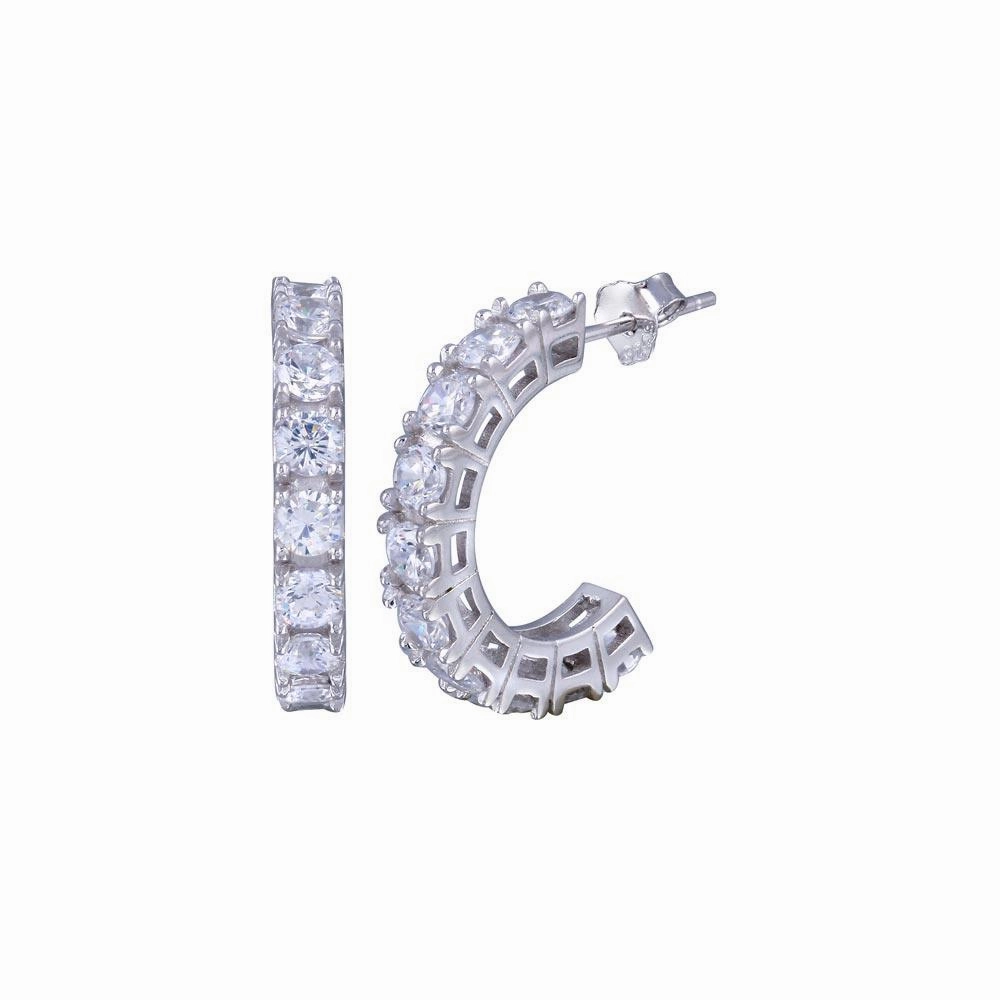 Silver 925 Rhodium Plated Round Clear CZ huggie hoop Earrings - BGE00029