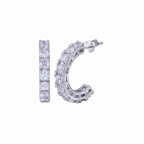 Silver 925 Rhodium Plated Round Clear CZ huggie hoop Earrings - BGE00029
