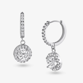 Silver 925 Rhodium Plated Round CZ Dangling Hoop Earrings - BGE00117