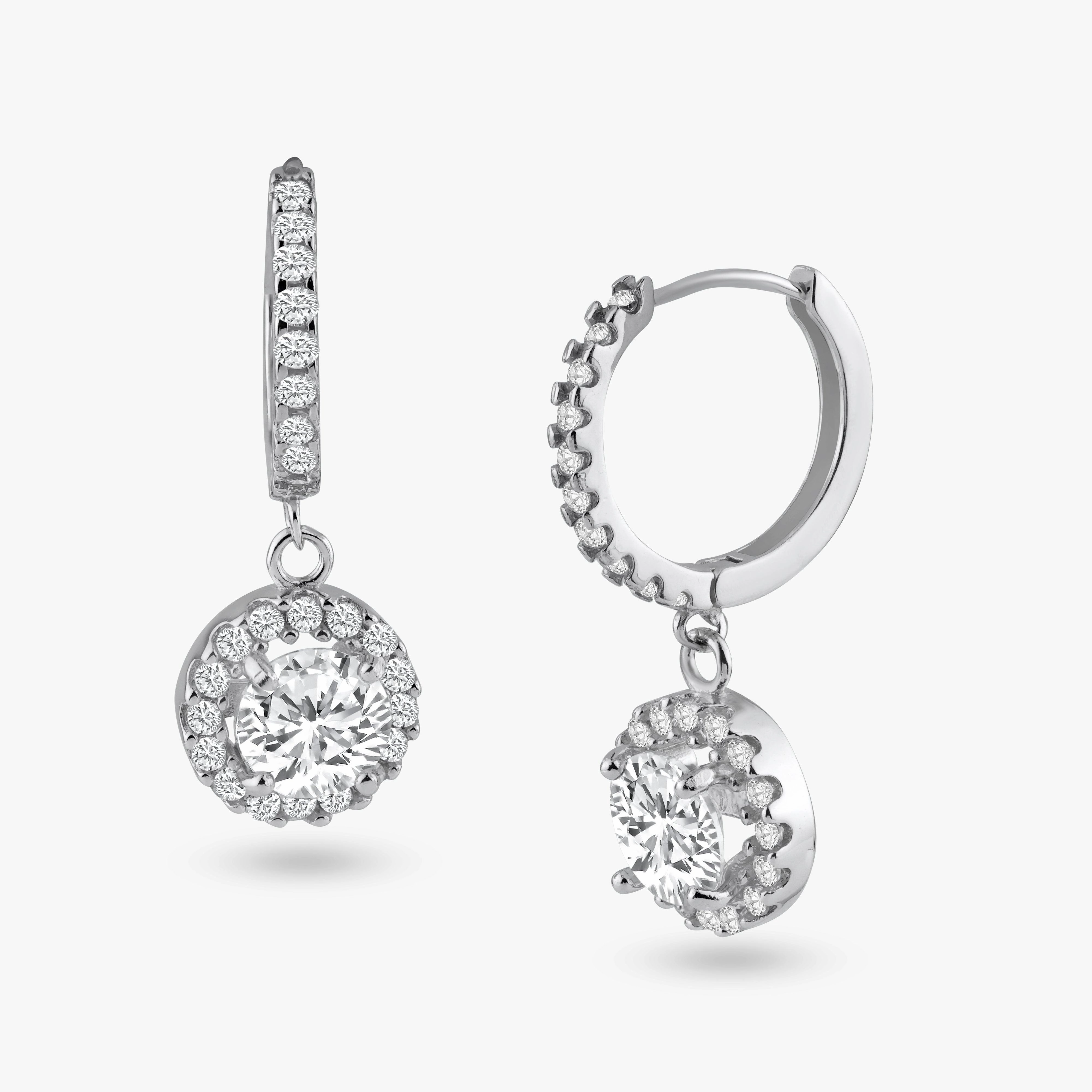 Silver 925 Rhodium Plated Round CZ Dangling Hoop Earrings - BGE00117