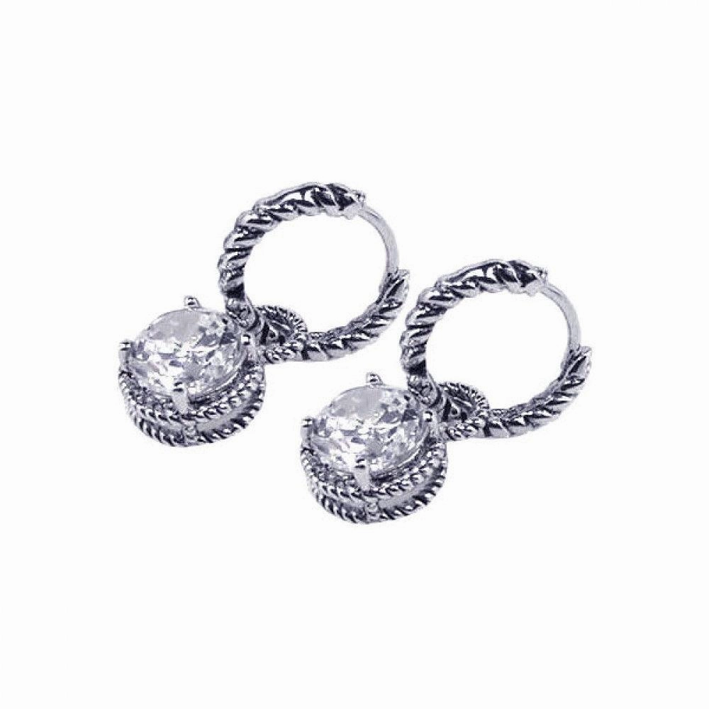 Silver 925 Rhodium Plated Round CZ Dangling Hoop Earrings - STE00434