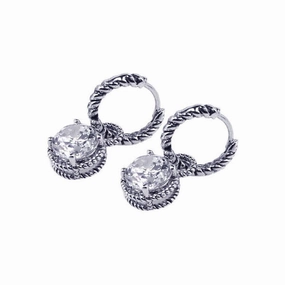 Silver 925 Rhodium Plated Round CZ Dangling Hoop Earrings - STE00434