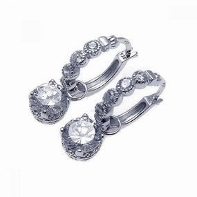 Silver 925 Rhodium Plated Round CZ Dangling Hoop Earrings - STE00580