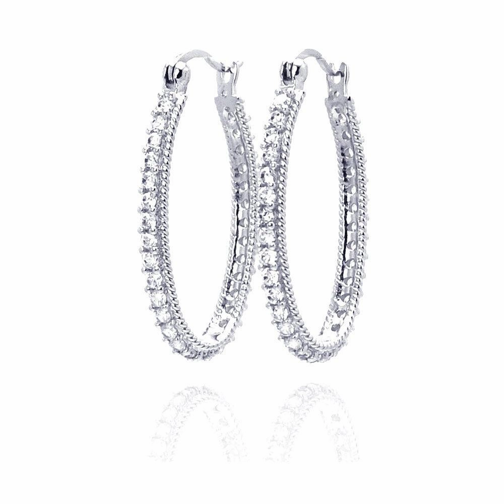 Silver 925 Rhodium Plated Round CZ Hoop Earrings - STE00452