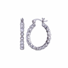 Silver 925 Rhodium Plated Round CZ huggie hoop Earrings - STE00287