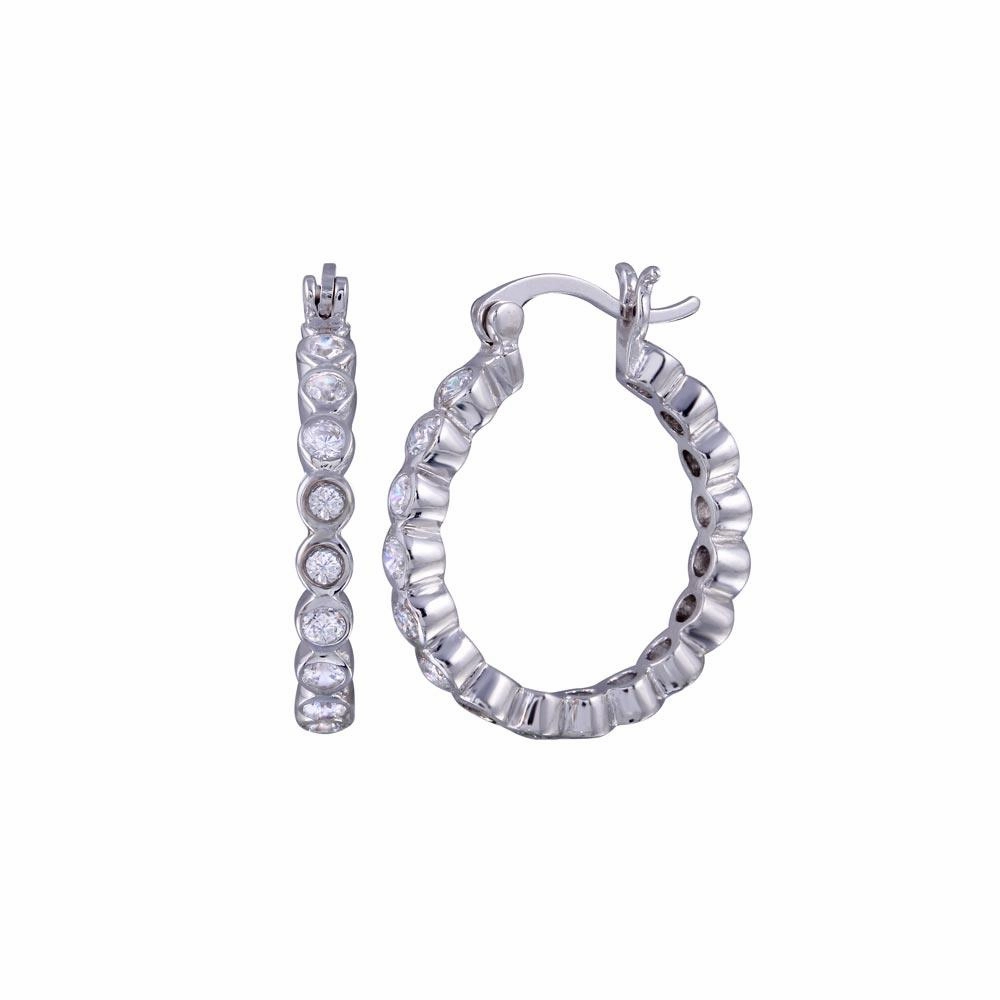 Silver 925 Rhodium Plated Round CZ huggie hoop Earrings - STE00287