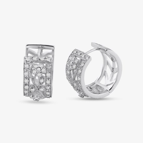 Silver 925 Rhodium Plated Round Filigree CZ huggie hoop Earrings - STE00568