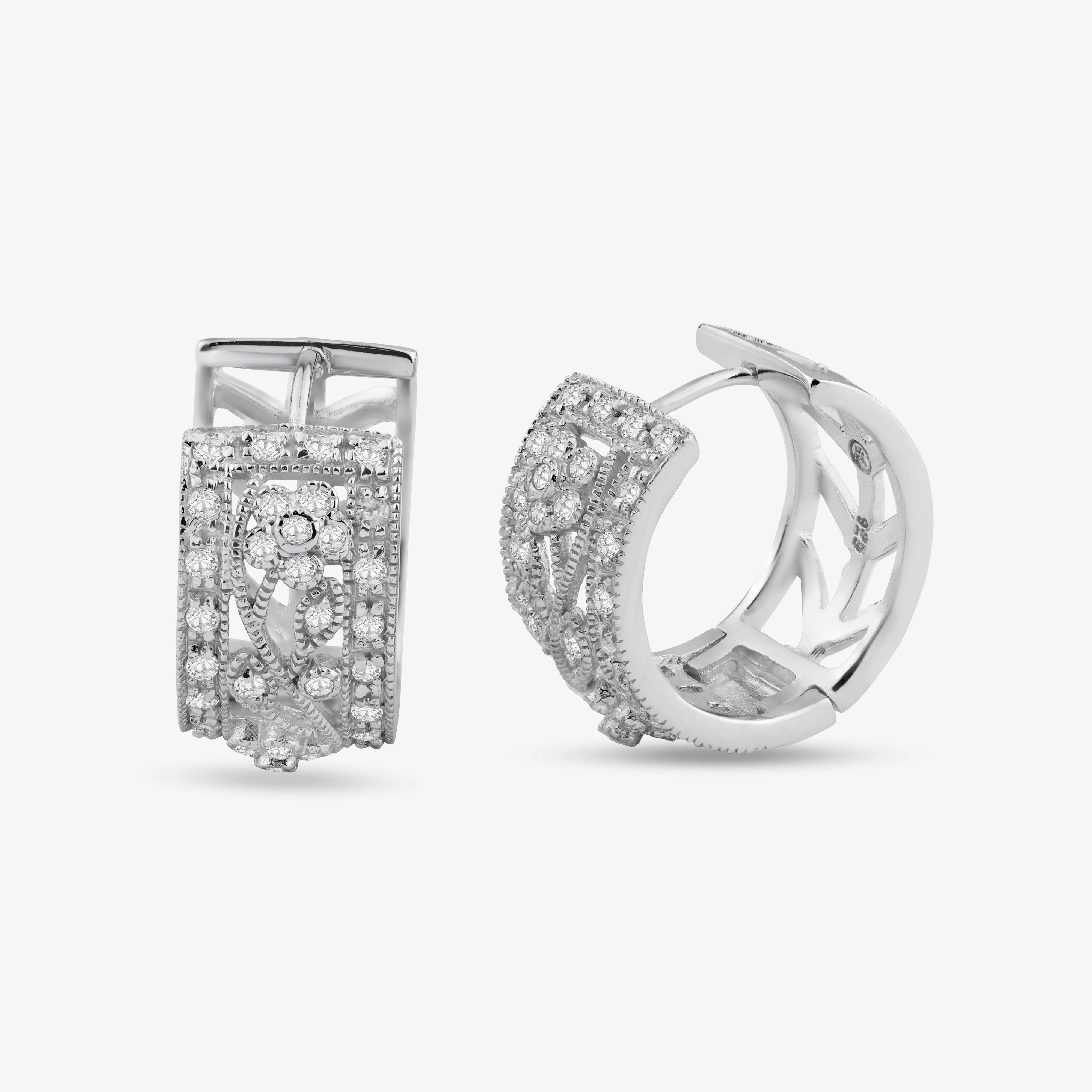 Silver 925 Rhodium Plated Round Filigree CZ huggie hoop Earrings - STE00568