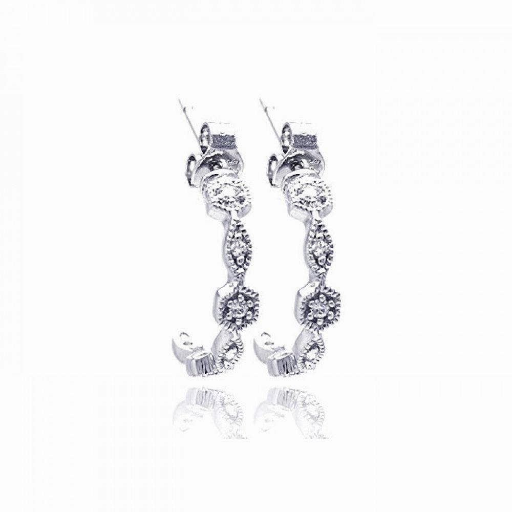 Silver 925 Rhodium Plated Round Marquis Clear CZ Semi Hoop Earrings - STE00754