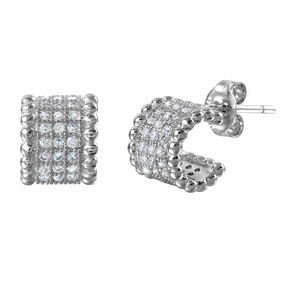 Silver 925 Rhodium Plated Semi Hoop Earrings with Cubic Zirconia Stones - STE01029